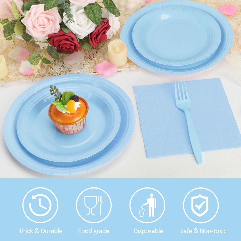 CENLBJ Light Blue Paper Plates and Napkins Party Supplies, Include 9Disposable Blue Plate, 7Dessert Plates Cups Napkins Forks for Baby Shower, Wedding, Birthday, Serves 25 - Image 3